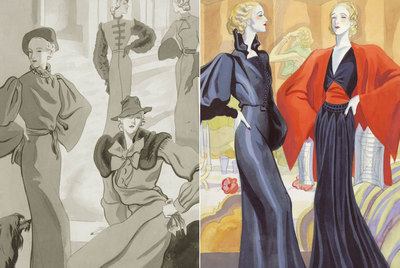 A la izquierda,  Crónica de París. ¿Abrigos? Helos aquí  (1935).  A la derecha,   Trajes de cena  (1933).