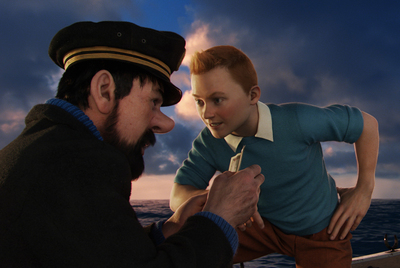 El capitán Haddock y Tintín, en su naufragio en  Las aventuras  de  Tintín. El secreto del Unicornio. 