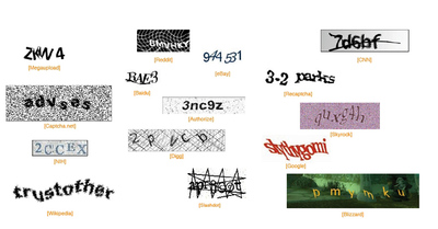 Un muestrario de  captchas  de distintas webs.