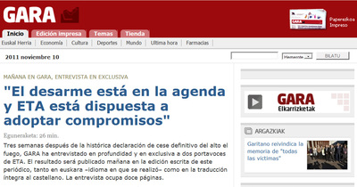Captura de la edición digital de  Gara  con el anuncio de la entrevista.