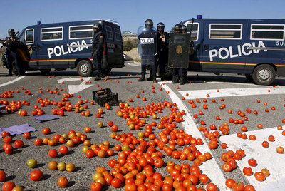 Tomates tirados ante unos furgones de policía en la autovía A-7 a la altura de Níjar (Almería).