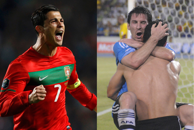 Cristiano Ronaldo y Messi, abrazado a Agüero, celebran goles.