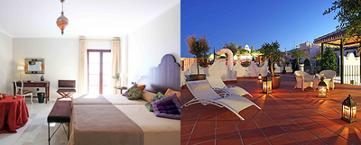 Una de las habitaciones con decoración de inspiración árabe y terraza del hotel La Fonda de Benalmádena (Málaga).