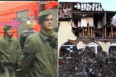 Captura de pantalla del vídeo que mezcla dibujos animados de la Pantera Rosa con imágenes reales de los asesinatos racistas.rn A la derecha, los restos de la casa en la que vivía el trío neonazi.