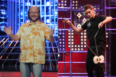 Santiago Segura (izquierda), en  Tu cara me suena  y un artista del diábolo, en  Tú sí que vales.  