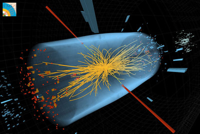 La  firma  de la partícula de Higgs en una simulación por ordenador del detector CMS, en las colisiones del acelerador LHC.