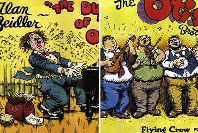 Alan Seidler,  The Duke of Ook,  Blue Goose. Funda de disco de 30 centímetros, 1974 (a la izquierda), y The Otis Brothers,  Flying Crow,  dibujo para elepé, Universal Spider Productions, 1987 (del libro  La colección de portadas de discos,  de Robert Crumb).