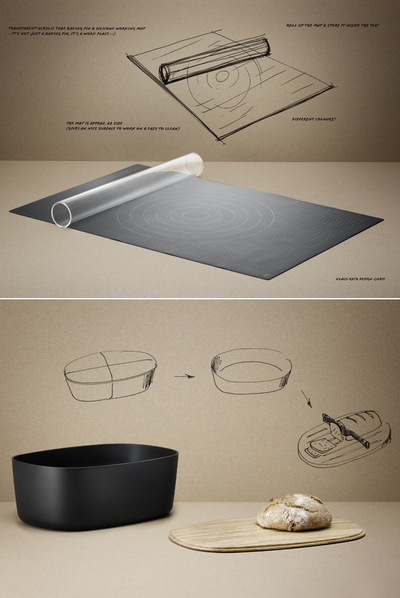 Arriba, diseño del rodillo de Klaus Rath que permite guardar en su interior una esterilla de silicona. Abajo una cesta de pan con tabla de cortar.