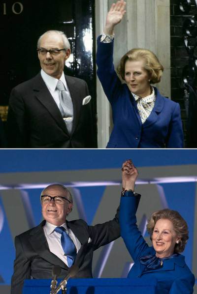 Margaret Thatcher y su marido Denis Thatcher., en el 10 de Downing Street, en 1979. Abajo, Meryl Streep, en su papel de  La dama de hierro. 