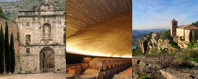 De izquierda a derecha, tres imágenes del Priorat: la cartuja de Escaladei, barricas en la bodega de Álvaro Palacios y la iglesia románica de Siurana, a lo alto de un peñón.