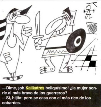 Una viñeta de Ángel Menéndez,  Kalikatres  (abajo), en  La Codorniz. 