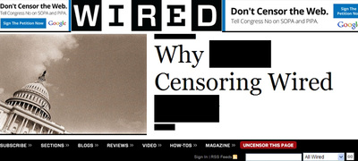 Página de  Wired  con contenidos parcialmente ocultos en señal de protesta.