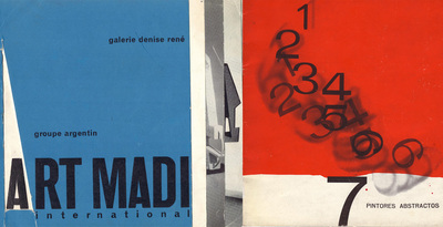 Composición de 1958 de Gyula Kosice para  Grupo argentino Internacional Art Madi  y, a la derecha, portada de  7 pintores abstractos  (1957).