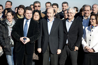 Emiliano García-Page, Alfredo Pérez Rubalcaba y José María Barreda, ayer en Toledo.