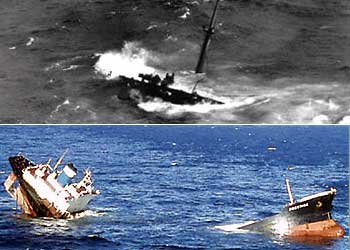 Diez años separan estas dos imágenes. Arriba, el  Mar Egeo , se hunde frente al puerto de A Coruña después de arder durante 24 horas. Abajo, el hundimiento del  Prestige  frente a las costas gallegas.