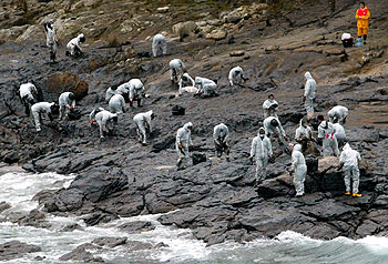 Unos voluntarios luchan contra el chapapote en las Cíes, donde se espera la llegada de una nueva marea negra.
