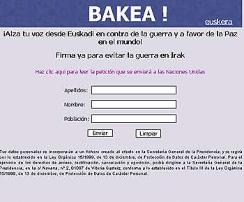 Imagen de la página utilizada por el Gobierno vasco para recoger firmas contra la guerra en Irak.