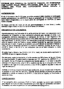 Reproducción de la primera página del informe del teniente coronel Solar.