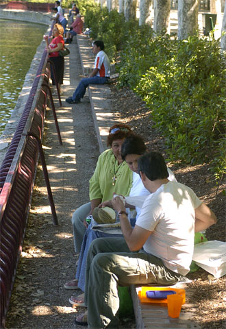 Un grupo de personas tratan de mitigar el calor frente al estanque de la madrileña Casa de Campo.