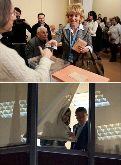 Arriba, Esperanza Aguirre, en el momento de votar. Abajo, Alberto Ruiz- Gallardón, asomado a la ventana en la sede del PP. rn luis sevillano