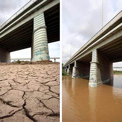 Fotos del río Llobregat tomadas en marzo (izq.) y hoy (dcha.)