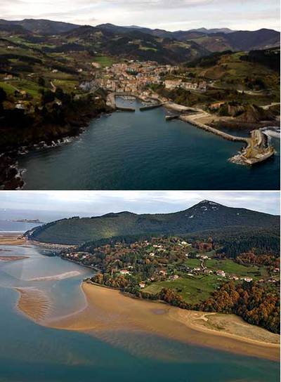 La ampliación del puerto de Mutriku (primera por arriba) ha sido criticada por los ecologistas. Abajo, zona de la reserva de la biosfera en Urdaibai, en la que el  ex lehendakari  Ardanza tiene un chalé con irregularidades.
