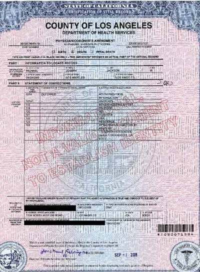 Certificado de fallecimiento de Michael Jackson.