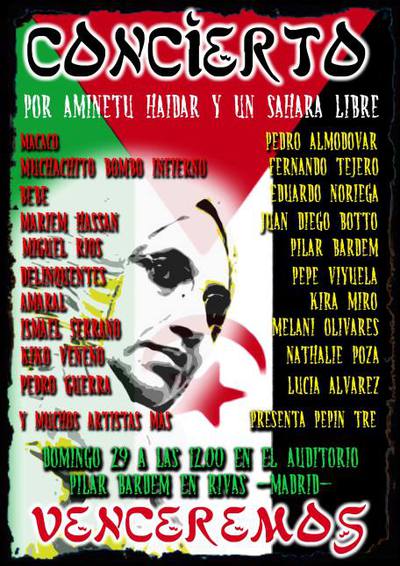 Cartel del concierto solidario con Aminatou Haidar, que el día 29 de noviembre ofrecen artistas españoles.