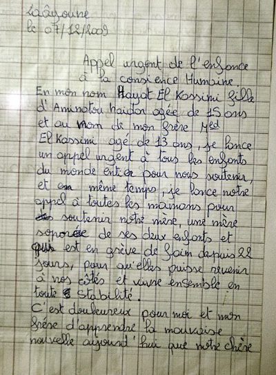 FOTOGALERIA: Carta de los hijos de Aminetu Haidar en la que reclaman ayuda para salvar la vida a su madre (I)