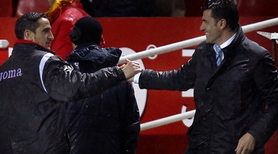Manolo Jiménez y Mícjel, la semana pasada, en el estadio Sánchez Pizjuán antes del Sevilla-Getafe de la ida.