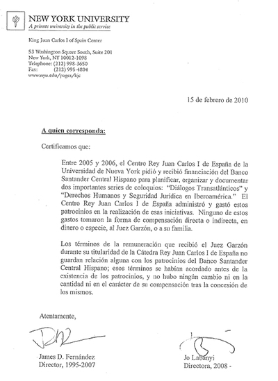 Texto íntegro de la nota de la Universidad de Nueva York sobre los cursos de Garzón.
