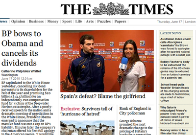 Iker Casillas y Sara Carbonero aparecen en la portada de la edición digital de  The Times  el 17 de junio de 2010