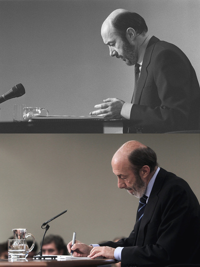 Alfredo Pérez Rubalcaba, durante las ruedas de prensa posteriores a un Consejo de Ministros de 1993 y de 22 de octubre de 2010.