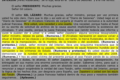 Imagen del diario de sesiones con intervenciones de los diputados del PP Antonio Hernando e Ignacio Gil Lázaro dirigidas al vicepresidente del Gobierno, Alfredo Pérez Rubalcaba.  Pinche aquí para la leer en PDF la transcripción completa de estas intervenciones (el subrayado es de EL PAÍS) 