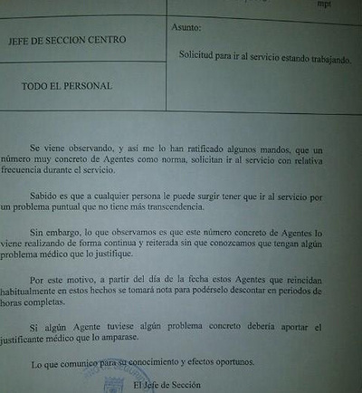Circular interna del Ayuntamiento sobre las visitas a los cuartos de baño de los agentes de movilidad.