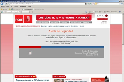 La captura de pantalla corrobora el veto de RTVV al acceso de sus trabajadores al contenido de la webTV del PSOE. El mensaje dice: 