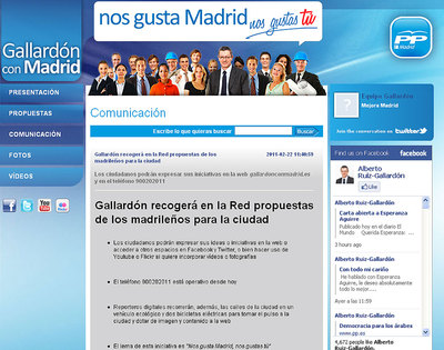 Portada de la nueva web de Gallardón, con el lema  Nos gusta Madrid nos gustas tú .