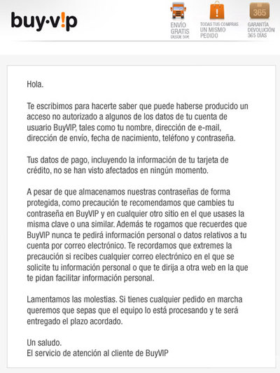 La carta de  BuyVIP a sus clientes, alertándoles de que se ha producido un 