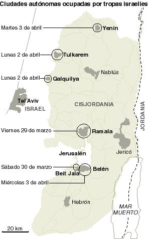 Localización de las zonas ocupadas por el ejército israelí.