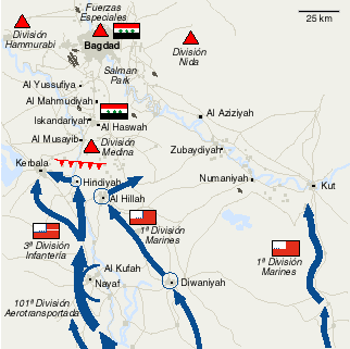 La infantería estadounidense choca por primera vez con la Guardia Republicana al sur de Bagdad