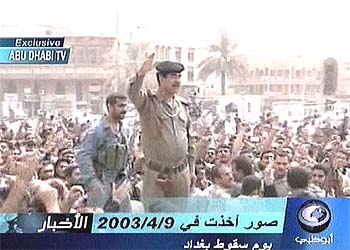 Imagen de Sadam que la cadena de televisión data el 9 de abril, día en el que entraron los estadouindenses en Bagdad.