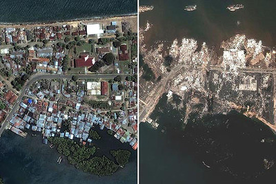La ciudad de Banda Aceh, antes y después del paso del  tsunami. 