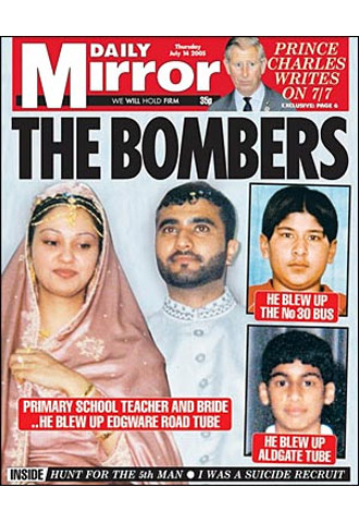 Mohamed Sadique Khan, Hasib Hussain y Shehzad Tanweer, en la portada del  Daily Mirror. 