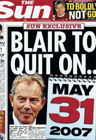 Portada del diario  The Sun  del miércoles 6 de septiembre en la que se afirma que Blair dejará el mando del Partido Laborista el 31 de mayo de 2007.