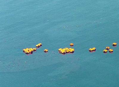 Los botes salvavidas del  Sea Diamond  flotan tras su hundimiento entre restos fuel. .