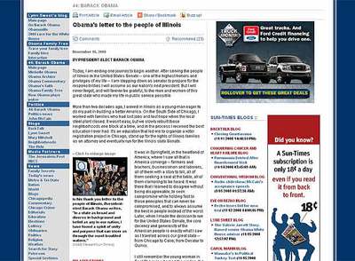 Imagen de la página web del periódico 'Chicago Sun-Times' que recoge la carta de Obama a los ciudadanos de Illinois