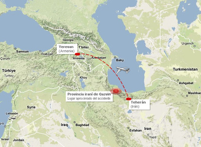 Mapa de la ruta del avión y la zona del accidente.