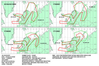 Gráfico del Centro de Aviso de Cenizas Volcánicas de Londres (VAAC, por sus siglas en inglés) sobre la evolución del área afectada por las cenizas volcánicas entre las 18.00 GMT de hoy (dos horas más en la España peninsular) y las 12.00 GMT de mañana. El volcán islandés Eyjafjalla vivó el pasado martes su segunda erupción en un mes.
