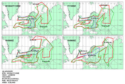 Gráfico del Centro de Aviso de Cenizas Volcánicas de Londres (VAAC, por sus siglas en inglés) sobre la evolución del área afectada por las cenizas volcánicas entre las 12.00 GMT de hoy (dos horas más en la España peninsular) y las 6.00 GMT de mañana. El volcán islandés Eyjafjalla vivó el pasado martes su segunda erupción en un mes.
