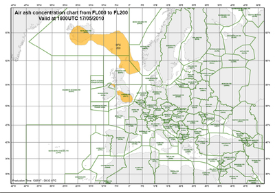 Situación de la nube de cenizas volcánicas entre 0 y 20.000 pies (6.000 metros) prevista para las ocho de la tarde del lunes (6.00 GMT), según la proyección de Eurocontrol.